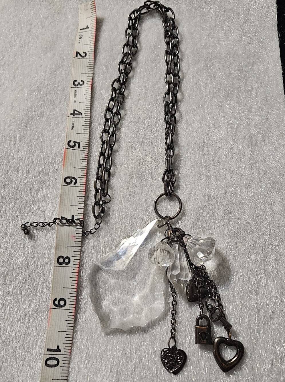 Crystal Pendant Charm Necklace - Gunmetal Chain with Clear Crystals